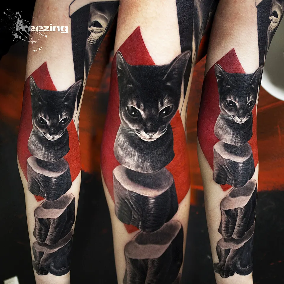 Black and red realism tattoo of a black cat, shown from three angles