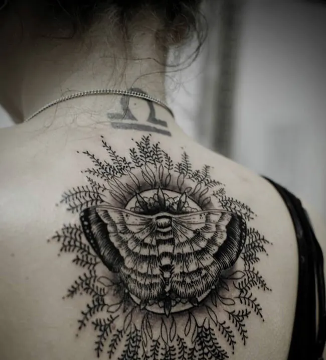 Dotwork moth tattoo framed by a fern mandala on the upper back