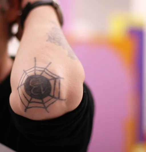 Spider web tattoo centered on the elbow with a solid black center