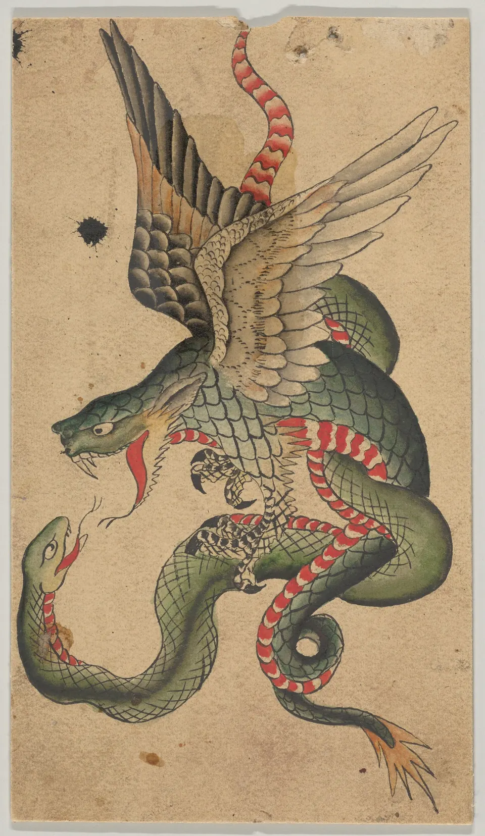 Vintage tattoo flash design of a dragon fighting a snake