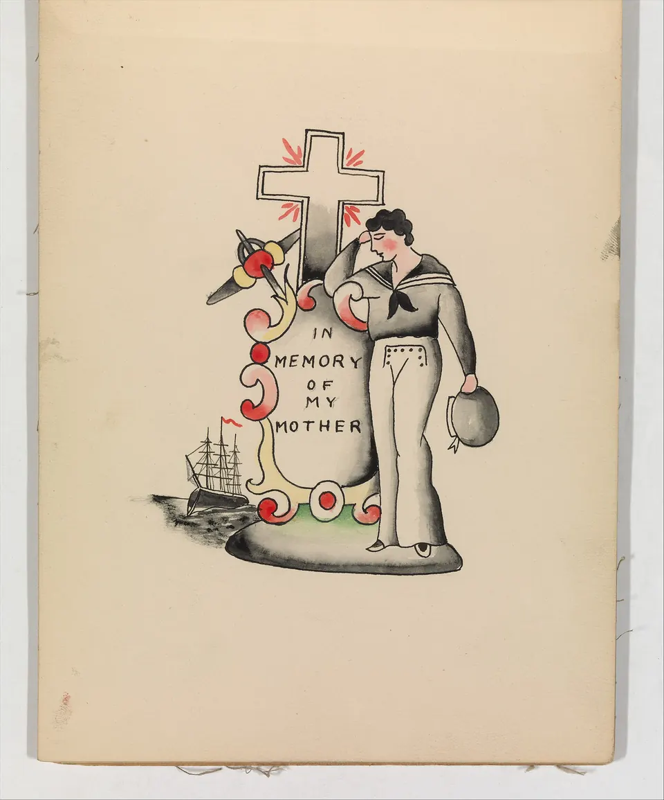 Vintage tattoo flash design of a grieving sailor at a gravestone reading In Memory of My Mother